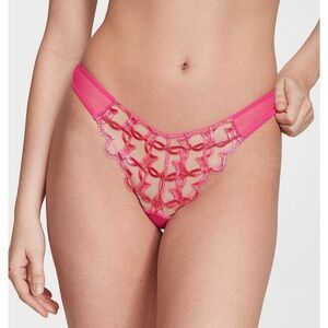 NWT Victoria's Secret Shimmer Heart Embroidery Open-Back Panty Sz - Forever Pink